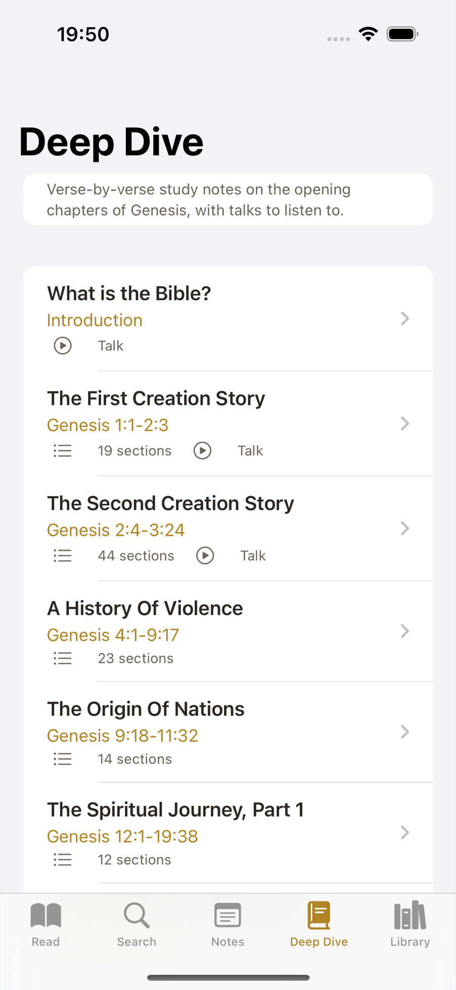 Deep Dive sessions through Genesis, each with study notes and a talk.