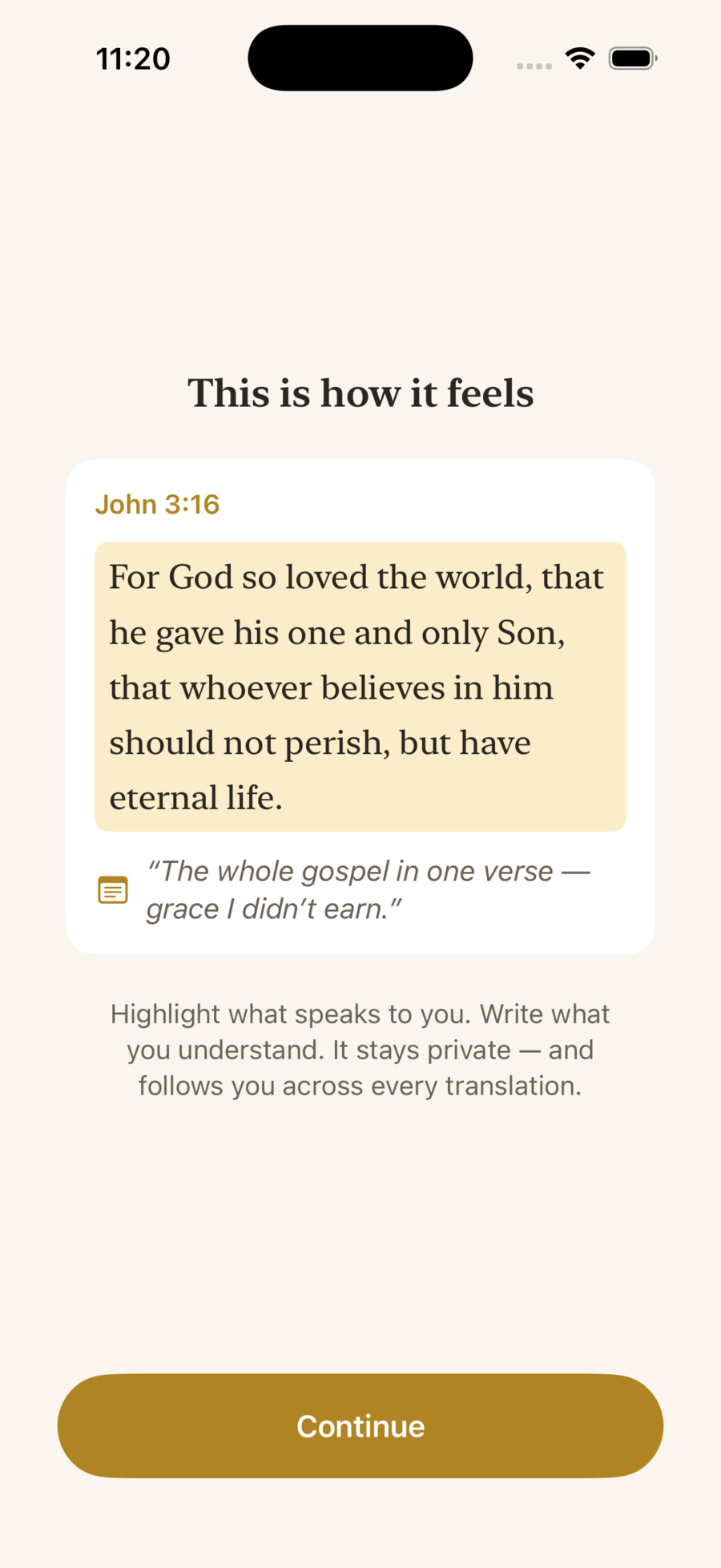John 3:16 highlighted with a personal note underneath.